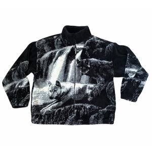 VTG Black Mountain Timber Wolf Waterfall Graphic Full Zip Fleece Jacket Unisex L